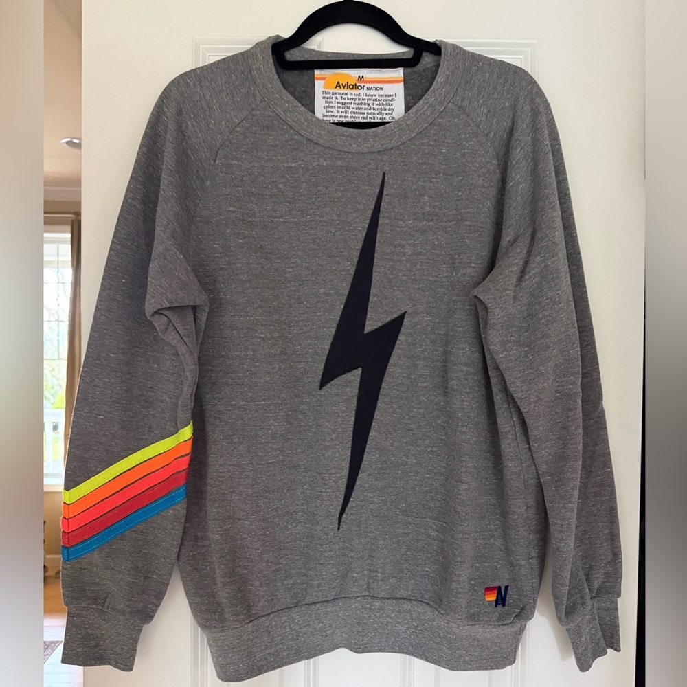 Aviator Nation Lightning Bolt & Rainbow Stripes Crewneck Sweatshirt - Medium